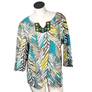 RUBY RD WOMAN Blue Green Abstract Beaded Stone Accent Top Women's Size 1X